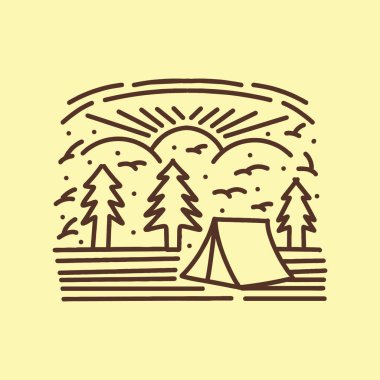 Premium Monoline vintage Kamp illüstrasyonu Vektör Vahşi Yaşam Yürüyüş rozeti Tshirt Tasarımı için yaratıcı amblem Tasarımı