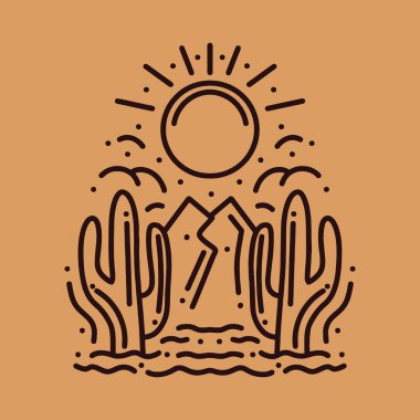 Premium Monoline Çöl İllüstrasyon Vektörü, macera rozeti, Yaratıcı amblem Tasarımı Tişört Tasarımı