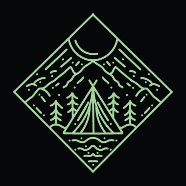 Kamp ateşi resimleme Monoline Vektör Logosu, Trip Forest Vintage Rozet, İş İçin Yaratıcı Amblem Tasarımı