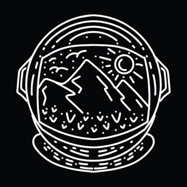 Uzay aracı illüstrasyonu Monoline Vector, dağ vintage rozeti, yaratıcı amblem tasarımı t-shirt tasarımı