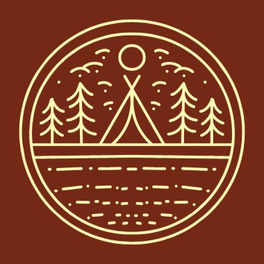 Kamp ateşi illüstrasyon Monoline Vektör Logosu, Orman vintage rozeti, Tişört için yaratıcı amblem tasarımı