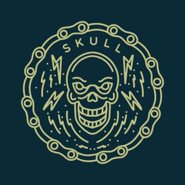 Premium Monoline vintage Skull Nature Illustrasyon, Macera retro rozeti, Yaratıcı amblem T-shirt Tasarımı