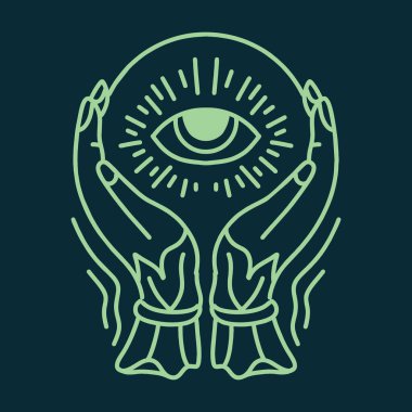 Klasik kahin illüstrasyonu: Monoline Vector Logosu, ruhani vintage rozet, Tshirt için yaratıcı amblem tasarımı.