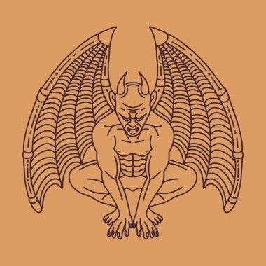Klasik Gargoyle çizimi, Monoline Vector Logosu, Mitoloji klasik rozeti, Tshirt için yaratıcı amblem tasarımı