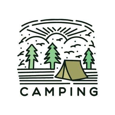 Premium Monoline Kamp Logosu Tasarım Vintage Vektör İllüstrasyon Eğlence Rozeti Simgesi Simgesi Simgesi Simgesi Simgesi Simgesi