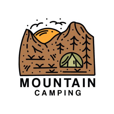 Premium Monoline Kamp Logosu Tasarım Vintage Vektör İllüstrasyon Eğlence Rozeti Simgesi Simgesi Simgesi Simgesi Simgesi Simgesi