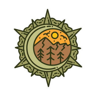 Premium Monoline View Dağ Vintage Logo Tasarımı Emblem Vektör İllüstrasyon Macera sembolü simgesi simgesi simgesi