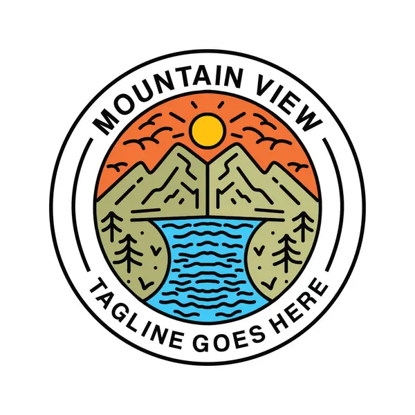 Premium Monoline View Mountain Vintage Logo Design Emblem Vector Illustration — Stock Vector
