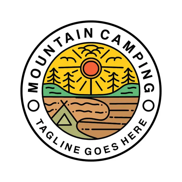 Premium Monoline Camping Mountain Vintage Logo Design Emblem Vector Illustration — Stock Vector