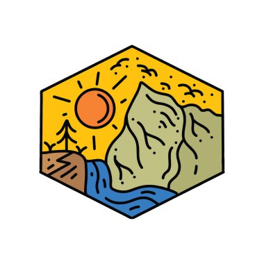 Dağ Logosu Tasarımı Vintage Vektör İllüstrasyon Rozet Simgesi Simgesi Simgesi Simgesi Simgesi Simgesi