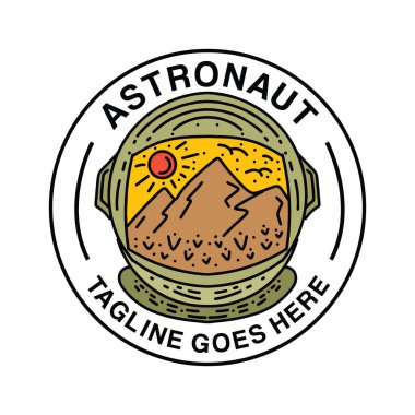 Astronot illüstrasyon Monoline Vector, dağ vintage rozeti, yaratıcı amblem tasarımı t-shirt tasarımı