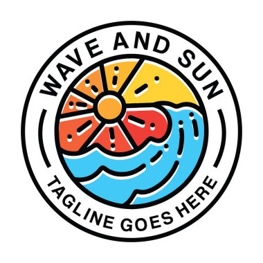 Wave ve Sun Summer Beach Monoline Logo Vector Vintage Tasarım Rozet Çizimi Simgesi Simgesi Simgesi Simgesi Simgesi