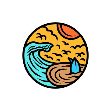 El Çizimi Sörf Dalgası Tasarım Çizim Vektörü Amblemi