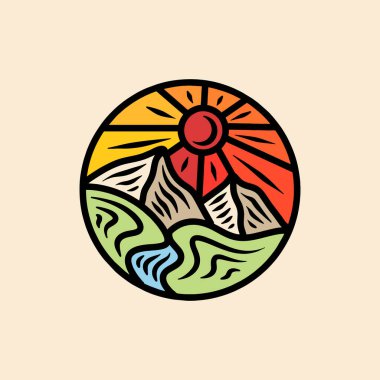 El Çizimi Dağ Logosu Tasarım Çizim Vektörü Amblemi