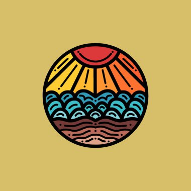El Çizimi Plaj Ocean Vintage Logo Tasarım Çizim Vektörü Amblemi