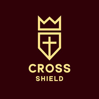 Monoline Crown Shield Cross Logo Sembol Tasarım Vektörü Amblemi
