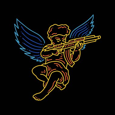 Elle çizilmiş bebek melek bir silah tutuyor ve kanat vektör çizimi var.