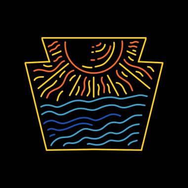 Monoline Amblem Güneş ve Dalga Logosu Tasarım Vektörü