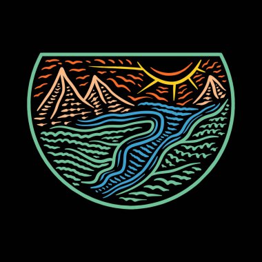 Dağ Yaban Hayatı Renkli Monolin Amblem Vintage Tasarımı Açık Hava Vektörü