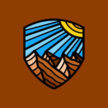 Renkli Monoline Dağı Vintage Amblem Vektör Tasarımı