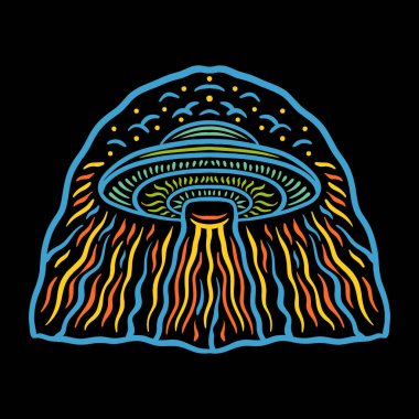 Monoline Renkli Uzay Aracı Vektörü Grafik Tasarım İllüstrasyon Vintage Biçimi