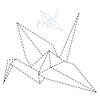 Origami vinç vektör ana hatları beyaz arkaplanda izole edilmiş çizimler. Infographic, web sitesi ya da uygulama için Japon origami vinci. Katlanmış kağıt sanatı için geometrik çizgi şekli.