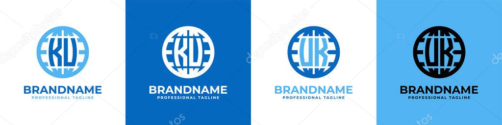 Letter KU and UK Globe Logo Set, suitable for any business with KU or UK initials.