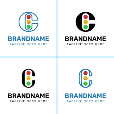 C harfi trafik ışığı logosu seti, teknoloji, navigasyon, ulaşım veya iletişim şirketleri için