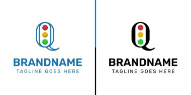 Q harfi trafik ışığı logosu seti, teknoloji, navigasyon, ulaşım veya iletişim şirketleri için