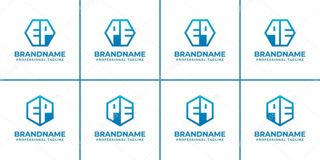 Letters EP PE EQ QE Hexagon Logo Set, symbolizing structure, balance, and unity
