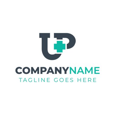 UP Tıbbi Artı Logosu, hastaneler, klinikler, UP veya PU harfli eczane için.