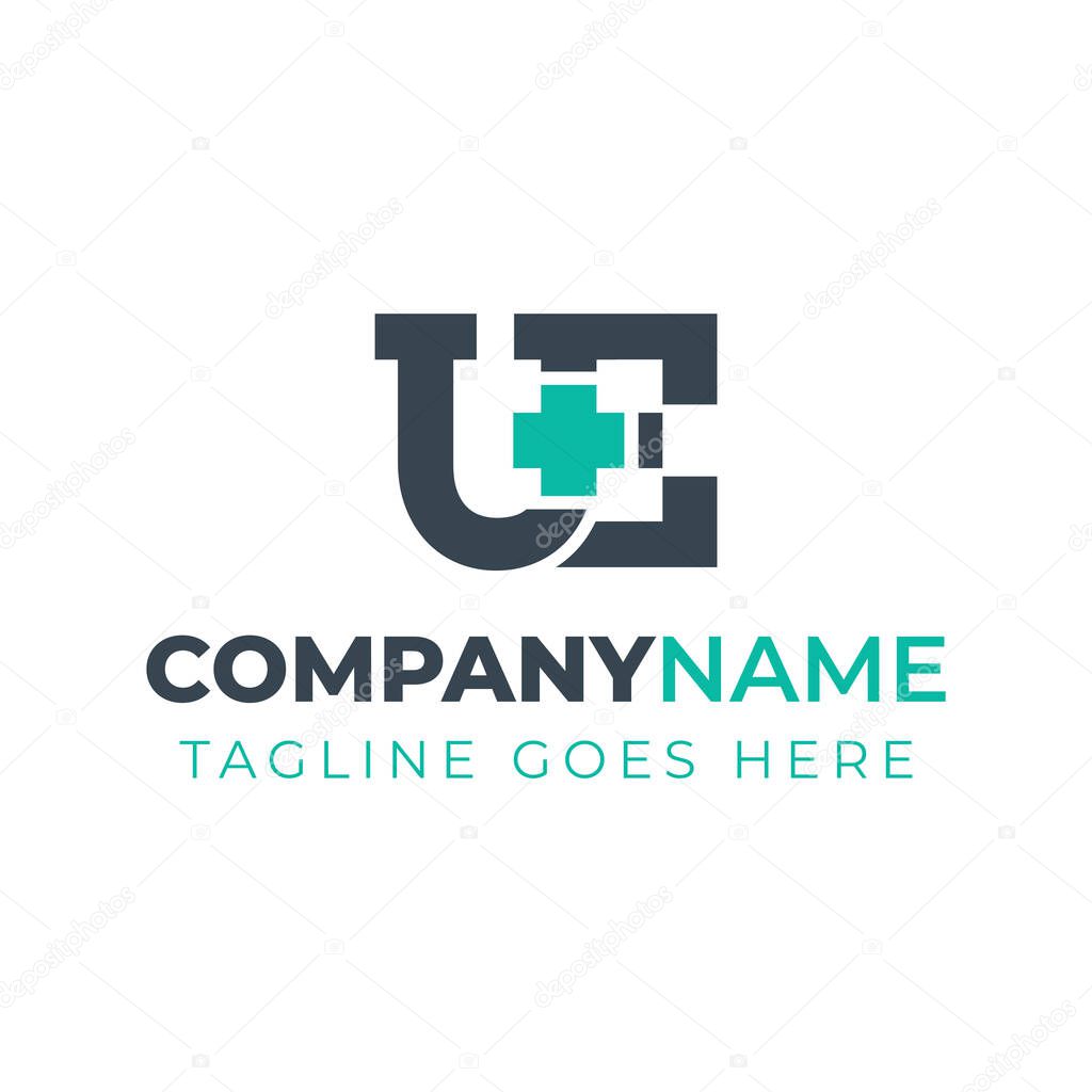 Letters UE Medical Plus Logo, for hospitals, clinics, pharmacy with UE or EU initials