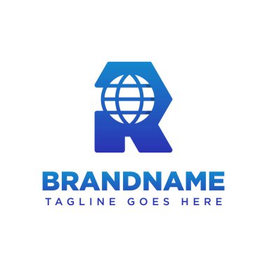 R Globe Teknoloji Logosu, küresel bağlantıyı, yeniliği ve modern teknolojiyi sembolize ediyor.