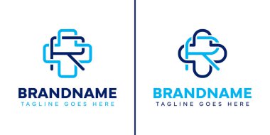 R harfi tıbbi haç logosu seti, bakım, sağlık ve güvenilir sağlık hizmetlerini temsil ediyor.