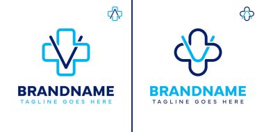 V harfi veya A Medikal Haç logosu seti, bakım, sağlık ve güvenilir sağlık hizmetlerini temsil eder.