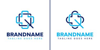 Q harfi tıbbi haç logosu seti, bakım, sağlık ve güvenilir sağlık hizmetlerini temsil ediyor.