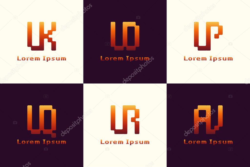 Letters UK UO UP UQ UR AV Pixel Monogram Logo, for KU OU PU QU RU VA initials