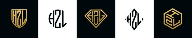 Initial letters HZL logo designs Bundle. This collection incorporated with shield, round, diamond, rectangle and hexagon style logo. Vector template