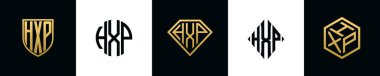 Initial letters HXP logo designs Bundle. This collection incorporated with shield, round, diamond, rectangle and hexagon style logo. Vector template