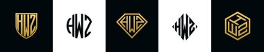 Initial letters HWZ logo designs Bundle. This collection incorporated with shield, round, diamond, rectangle and hexagon style logo. Vector template
