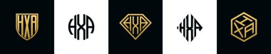 Initial letters HXA logo designs Bundle. This collection incorporated with shield, round, diamond, rectangle and hexagon style logo. Vector template