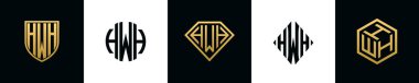 Initial letters HWH logo designs Bundle. This collection incorporated with shield, round, diamond, rectangle and hexagon style logo. Vector template