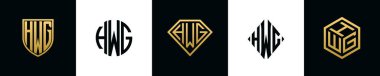 Initial letters HWG logo designs Bundle. This collection incorporated with shield, round, diamond, rectangle and hexagon style logo. Vector template