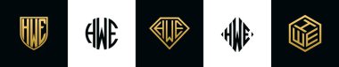 Initial letters HWE logo designs Bundle. This collection incorporated with shield, round, diamond, rectangle and hexagon style logo. Vector template