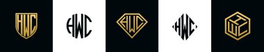 Initial letters HWC logo designs Bundle. This collection incorporated with shield, round, diamond, rectangle and hexagon style logo. Vector template