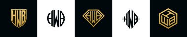 Initial letters HWB logo designs Bundle. This collection incorporated with shield, round, diamond, rectangle and hexagon style logo. Vector template