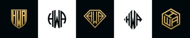 Initial letters HWA logo designs Bundle. This collection incorporated with shield, round, diamond, rectangle and hexagon style logo. Vector template