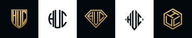 Initial letters HUC logo designs Bundle. This collection incorporated with shield, round, diamond, rectangle and hexagon style logo. Vector template