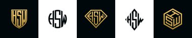 Initial letters HSW logo designs Bundle. This collection incorporated with shield, round, diamond, rectangle and hexagon style logo. Vector template