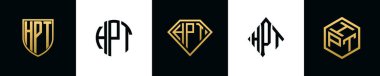 Initial letters HPT logo designs Bundle. This collection incorporated with shield, round, diamond, rectangle and hexagon style logo. Vector template